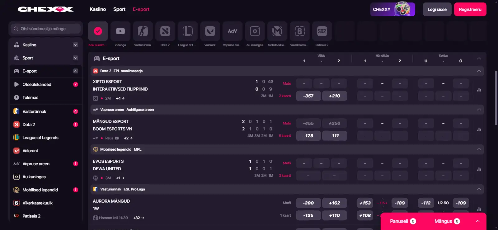CHEXX spordiennustuse e-spordi vaade mängude ja koefitsientidega