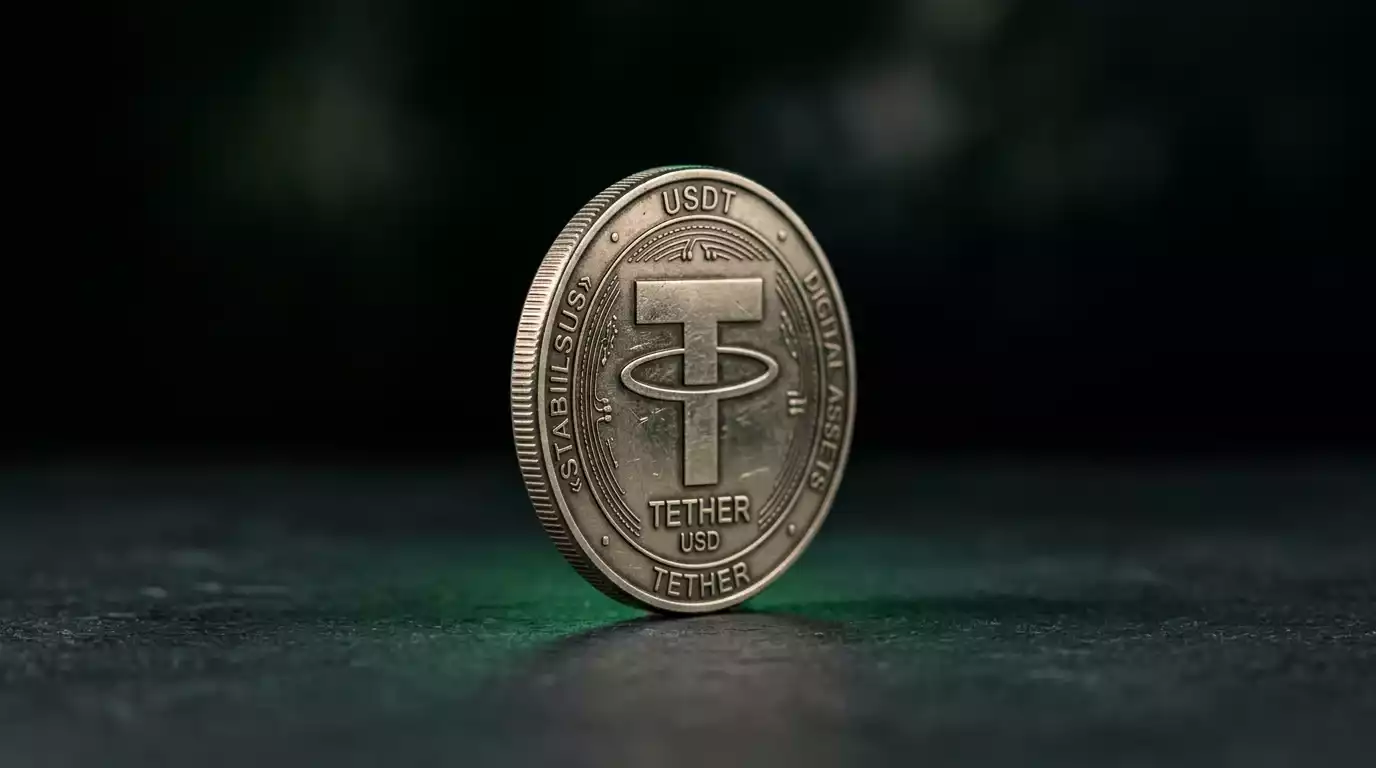 Füüsiline USDT stablecoin münt tumedat pinda peegelduva rohelise valgusega
