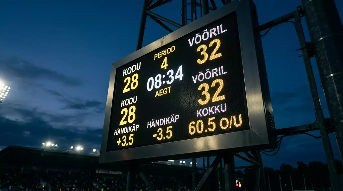 Spordi tulemustabel valgustatud numbritega vaadatuna alt üles õhtuses valguses