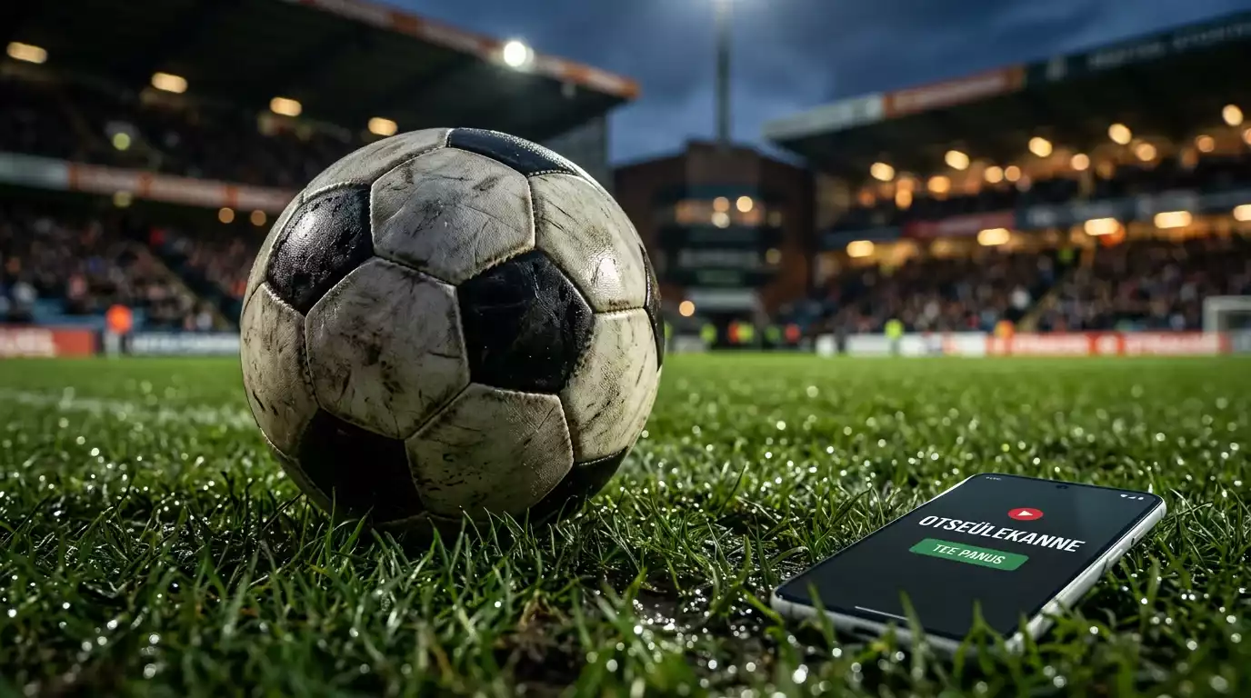 Must-valge jalgpall värskelt niidud muruplatsil madala nurga alt staadionivalguses