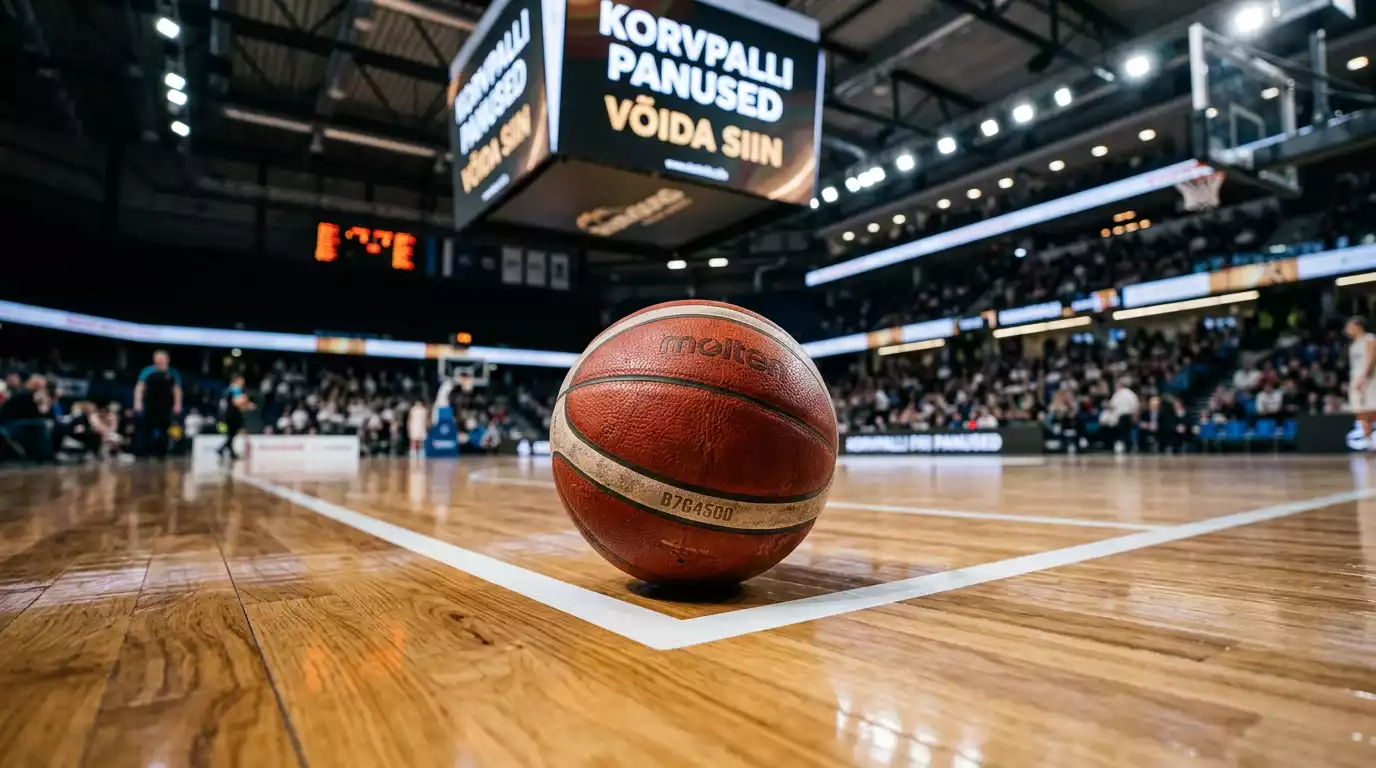 Oranž korvpall poleeritud puidust korvpalliväljakul areenavalguses