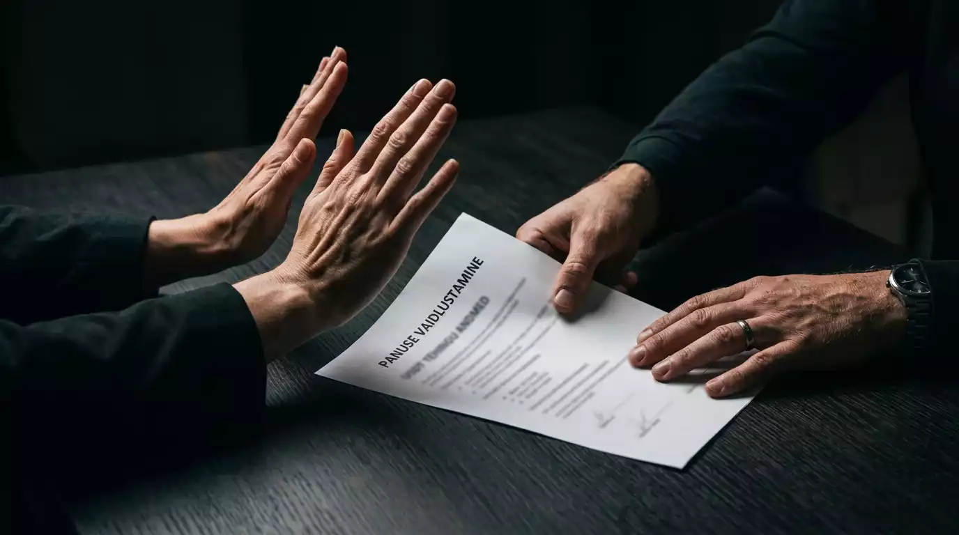 Kaks kätt üle tumeda laua dokumendiga vaidlust sümboliseerivas žestis