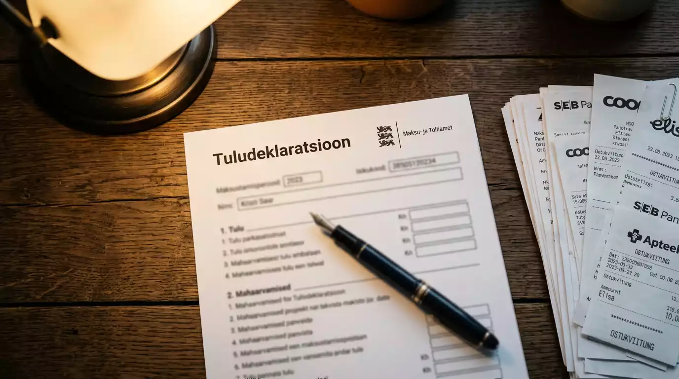Trükitud maksudeklaratsioon tumedal laual pliiatsiga ülaltvaates