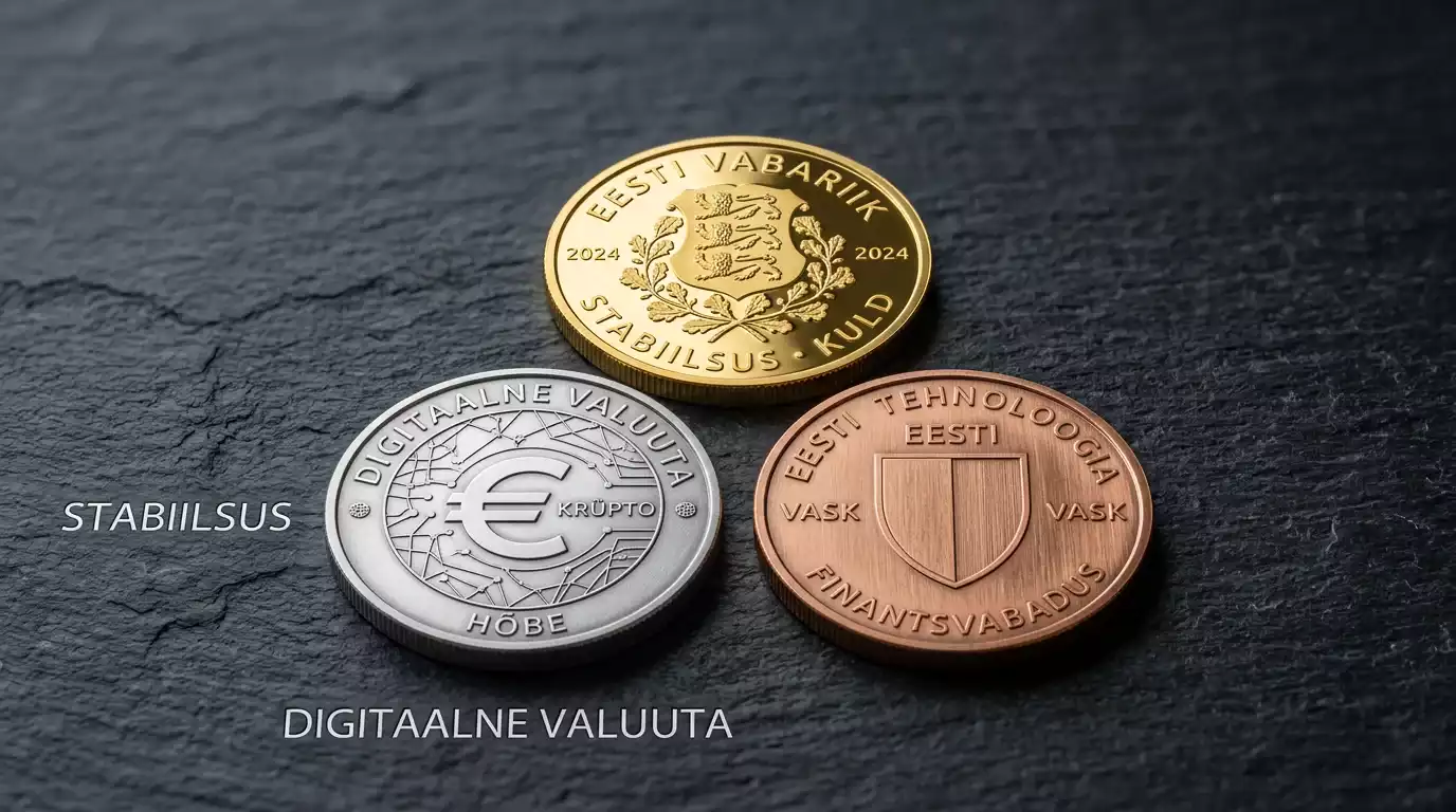 Kolm erinevat metallist münti kolmnurgas tumedal kiltkivipinnal